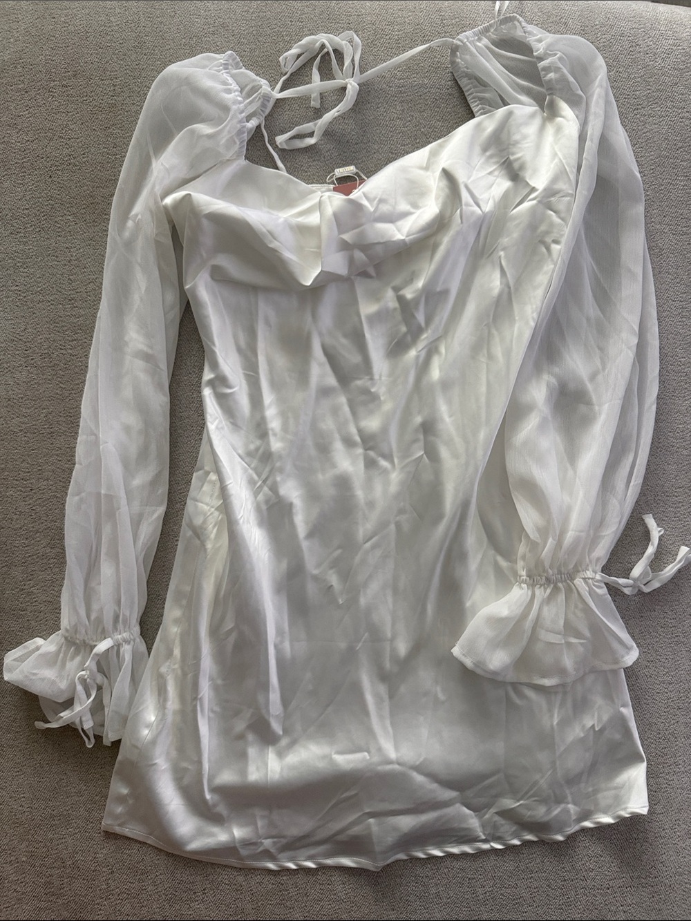 White Satin Mesh Long Sleeve Cowl Neck Mini Dress
